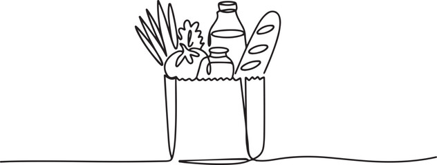 One continuous line drawing of fresh delicious vegetables, milk, baguette, and bread inside paper grocery bag. Staple food concept. one line Icon drawing