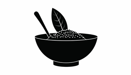 Black and white illustration of a bowl of couscous with a spoon and bay leaf.