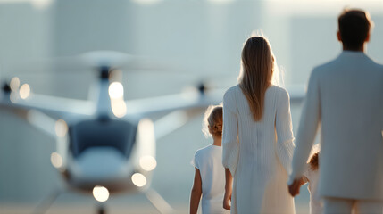 Family, man, woman and kid, walking towards an eVTOL aircraft, symbolizing future city air mobility and advanced urban transportation for a family trip.