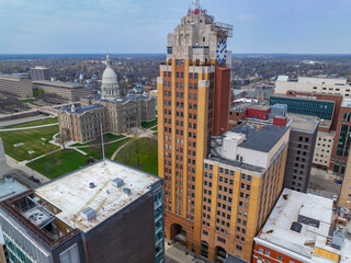 Michigan State Capitol aerial view at the end of Michigan Avenue with Boji Tower, Lansing, Michigan...