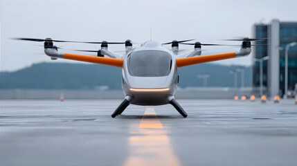 eVTOL aircraft, an aerial taxi, standing on a runway with rotors blurred by motion. Future of urban air mobility and autonomous transportation concept.