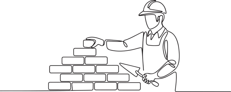 Continuous one line drawing repairman building brick wall. Construction worker in uniform and helmet doing work. Builder concept. one line Icon drawing