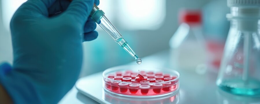 Scientist adds liquid to petri dish with samples in laboratory. Researching cells using pipette for medical experiments. Tiny drops contain vital new data for science.