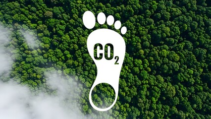 Aerial view of green forest with CO2 carbon footprint symbol for climate change, environmental impact, and carbon emissions awareness. for sustainability and ecology concepts.
