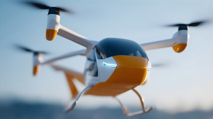 Flying eVTOL aerial taxi close-up against a bright sky. Future of urban air mobility and electric air transportation.
