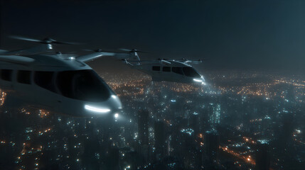 Two electric vertical takeoff landing (eVTOL) aircraft flying over a modern city at night. Future of urban air mobility and aerial taxi service.