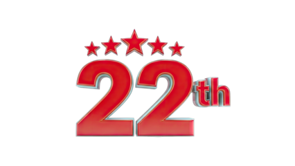 3D 22nd Number with Stars on transparent background
