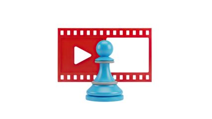 3D Blue chess pawn in front of red film strip with play button on transparent background