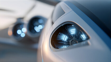 Close-up of eVTOL futuristic propeller for air travel. Urban future transportation and innovative aerial taxi technology providing autonomous flight.