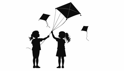 Silhouette of two girls playing with kites on a white background.