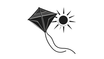 Black and white illustration of a kite flying under the sun.