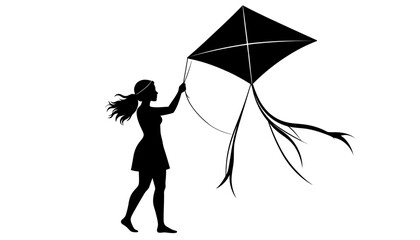 Silhouette of a girl flying a kite on a white background.