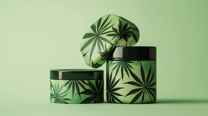 Cannabis leaf patterned jars and lid arranged on green background