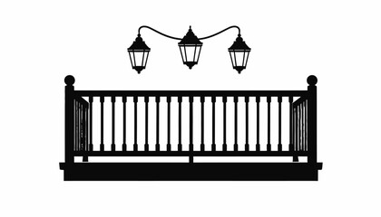 Silhouette of a balcony with railing and hanging lanterns.