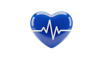 3D Blue heart with electrocardiogram line on transparent background