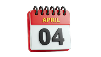 3D Calendar page with April 4th date, 3d render on transparent background