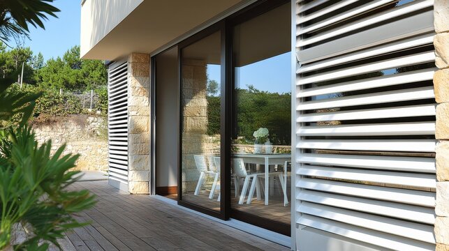 Stunning photo of Modern home patio with large sliding glass doors and white external window shutters