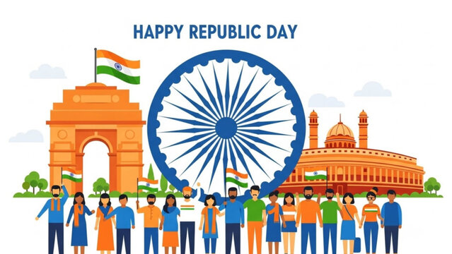 Indian republic day celebration with diverse crowd and iconic landmarks, ashoka chakra, gateway of india, rashtrapati bhavan, tricolor flags waving, patriotism
