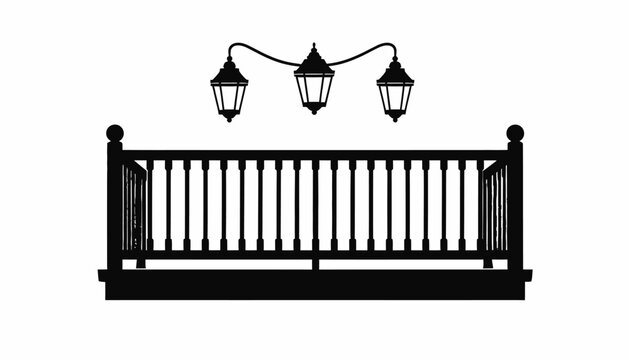 Silhouette of a balcony with railing and hanging lanterns.