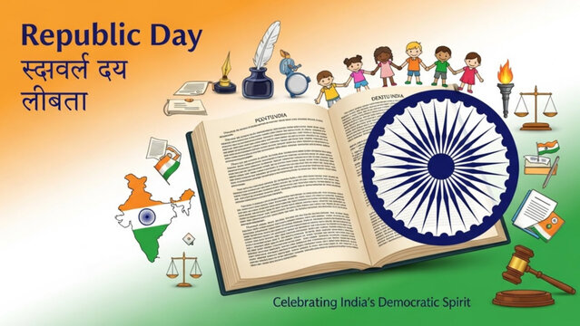 Republic day india celebration with children holding hands around open book and indian flag wheel symbolizing democracy and freedom on green orange white background - Powered by Adobe