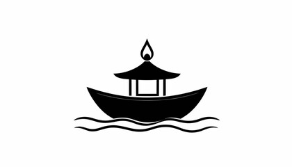 Silhouette of a traditional Asian boat with a candle on top, floating on water.