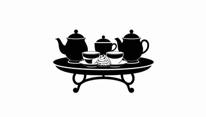 Elegant tea service with teapots, cups, and cake on a tray.