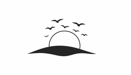 Minimalist vector illustration of birds flying over the sea at sunset.