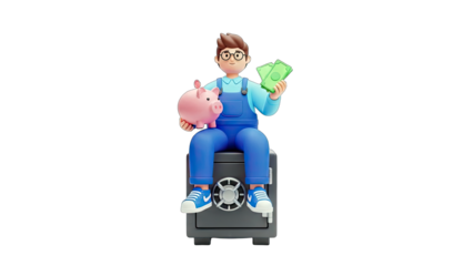 3D cartoon man with piggy bank and cash sits on a safe on transparent background