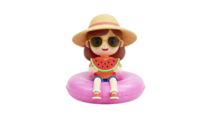 3D Cartoon Girl in Straw Hat with Watermelon on Inflatable Ring on transparent background