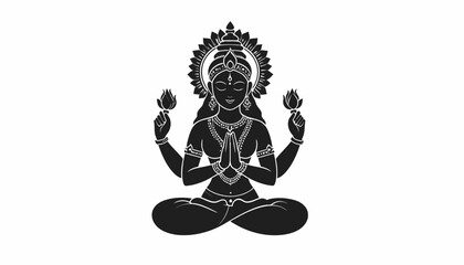 Silhouette illustration of goddess Lakshmi in lotus position on white background.