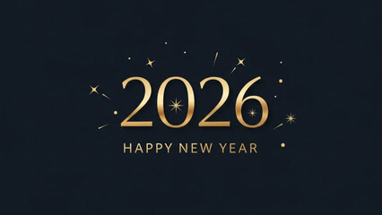A gold Happy New Year 2026 greeting with stars on a black background for celebration and festive occasions