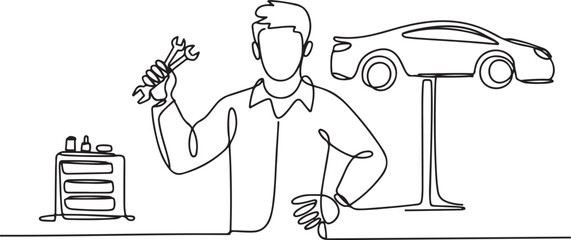 Single continuous line drawing of young man mechanic holding wrench set at car workshop garage. Professional work job occupation. Minimalism concept. one line Icon drawing