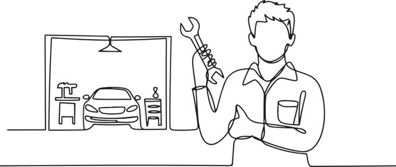 Single continuous line drawing of young man mechanic holding wrench set at car workshop garage. Professional work job occupation. Minimalism concept. one line Icon drawing