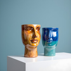 Modern ceramic vases shaped like human faces in orange and blue on a white pedestal
