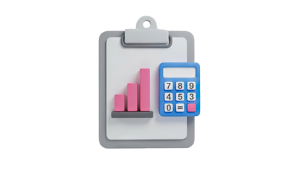 3D Clipboard with bar chart and calculator on transparent background