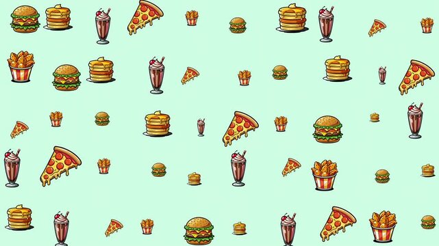 Repeating pattern of fast food items on a light blue background suitable for food industry marketing materials and restaurant menus.