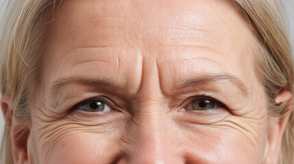 Close up of mature woman face showing detailed wrinkles around eyes and forehead, soft daylight highlights mild redness near skin texture, expressing natural aging