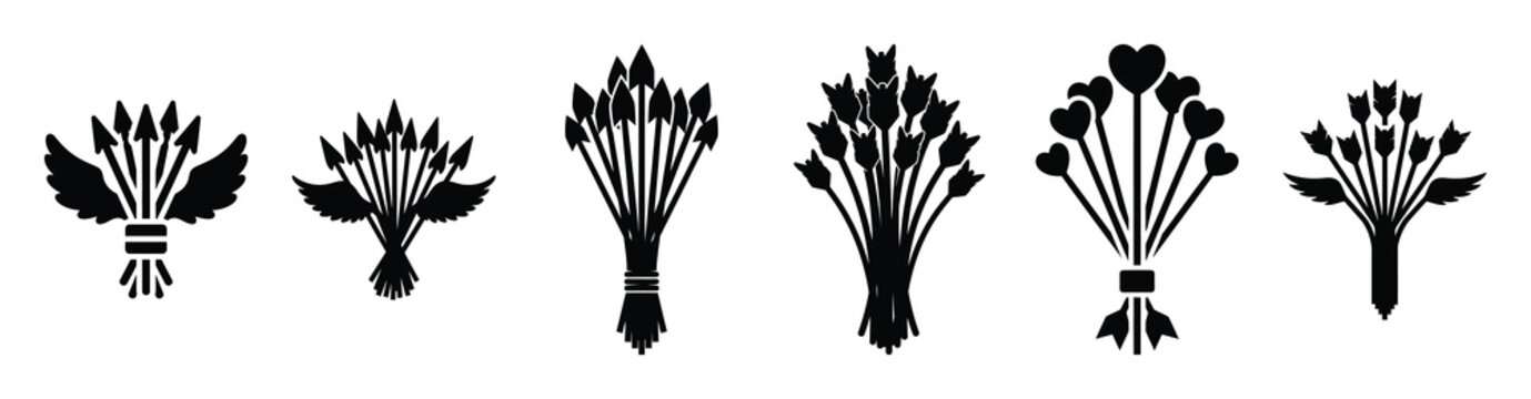 A set of cupid arrow bundle silhouette icon. Valentines Day vector isolated on transparent background.