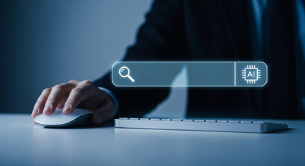 Person using computer mouse with glowing search bar and AI icon, symbolizing digital search and artificial intelligence.