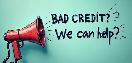 Red megaphone announces BAD CREDIT We can help on teal background with sketch design. Message of financial assistance and debt solutions for consumers.