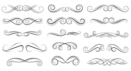 Obraz premium Large collection of fifteen elegant decorative flourishes and ornamental swirls in a classic black and white line art style for graphic design.