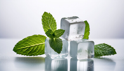 Isolated Arrangement Of Mint And Three Ice Cubes On A Simple Surface