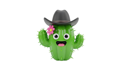 3D Cartoon Cactus Cowboy with Pink Flower and Happy Face on transparent background