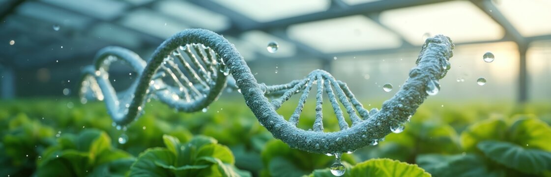 Abstract DNA helix model made of water droplets. Genetic structure floats above green hydroponic plant leaves in greenhouse. Science and nature merge in this futuristic agri tech concept.