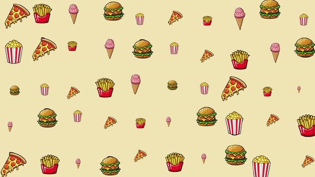 Pattern featuring assorted fast food including pizzas, fries, burgers, ice cream, and popcorn. Great for foodrelated designs and promotions.
