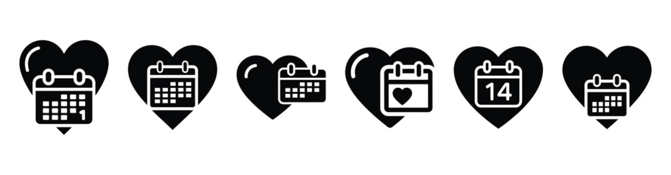 A set of love calendar heart silhouette icon. Valentines Day vector isolated on transparent background.