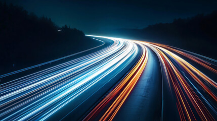 Long exposure highway light trails at night representing speed movement and modern urban travel