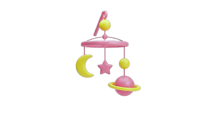 3D Cute baby mobile with moon star and planet on transparent background