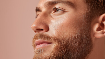 Fototapeta premium Sun kissed skin with soft golden warmth highlights visible skin texture and natural beard on young man looking thoughtfully to side in warm lighting