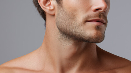 Fototapeta premium Velvety male skin surface with smooth gradient tones light brown facial hair close up of jawline and neck showing healthy skin texture and natural beard growth